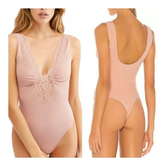 Free People Womens Mauve Lace First Call
Plunging V Neck  Bodysuit Size S - Picture 1 of 10